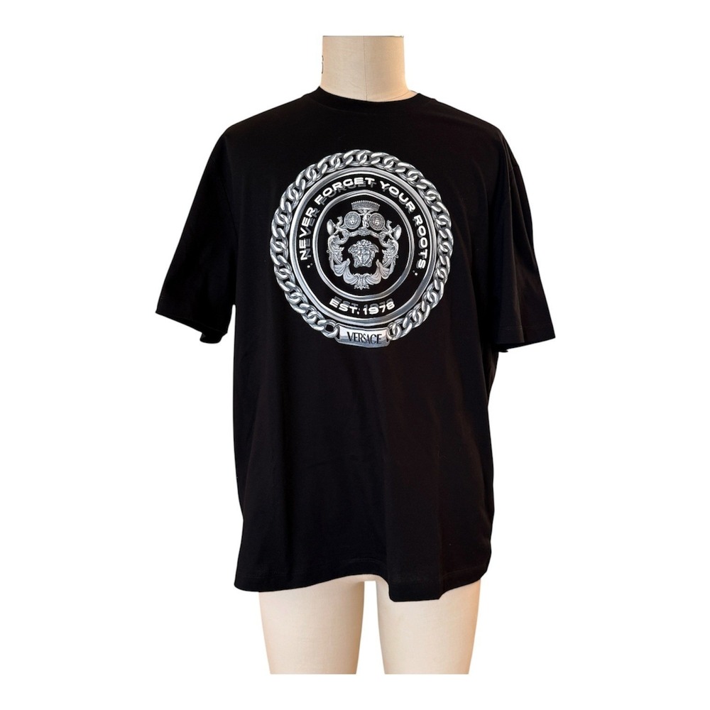 Versace 1013302 Men's Unisex Chain Crest T-shirt, Black Cotton, XL